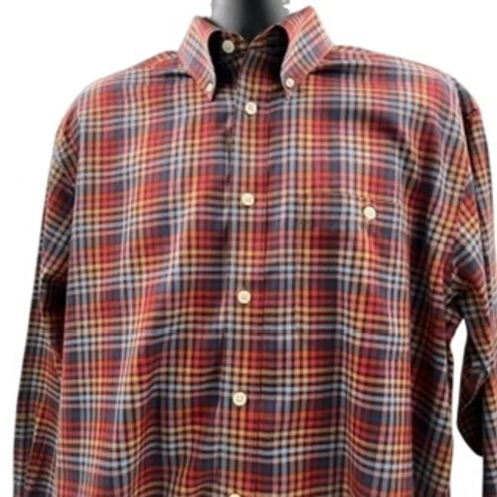 Orvis Mens Large Plaid Button Down Shirt Red Blue Orange Cotton Long Sleeve L‎